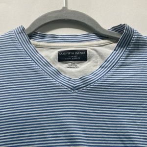 Saks Fifth Avenue V-Neck T-shirt Blue-striped (Slim fit Large)